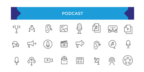 Podcast and Audio line icon set vector. Web icons in line style. Learning icons for web and mobile app. E-learning, video tutorial, knowledge, study.