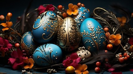 Composition of luxurious decorated colorful easter eggs. Luxury chocolate easter eggs closeup studio shot. Religious tradition. Arrangement of chocolate easter eggs in dark tone. 3d render.