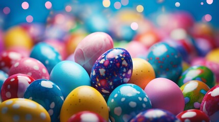 Fototapeta na wymiar Composition of decorated colorful easter eggs. Chocolate easter eggs closeup studio shot. Religious tradition. Arrangement of chocolate easter eggs in pastel colors. 3d render.