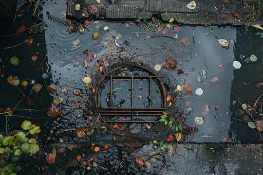 An urban drain clogged with fallen leaves and miscellaneous trash, a common city pollution scene.