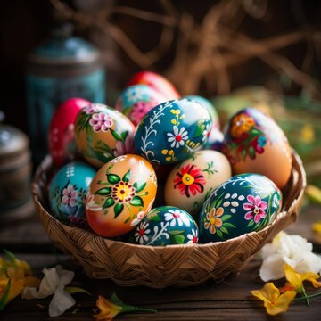 Composition of decorated colorful easter eggs sitting in a basket outdoors on a nice warm sunny day. Chocolate easter eggs in a natural wood basket in a spring natural landscape. Religious tradition.