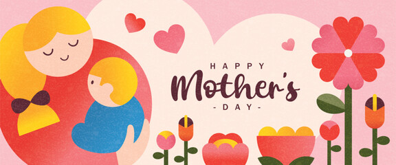 Happy Mother's Day banner design with mother holding baby in arms and beautiful flowers background.