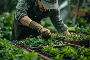 Fototapeta premium A gardener is meticulously caring for young seedlings in a lush greenhouse environment.