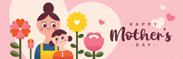 Happy Mother's Day banner design with mother, daughter and beautiful flowers background. - 762119493