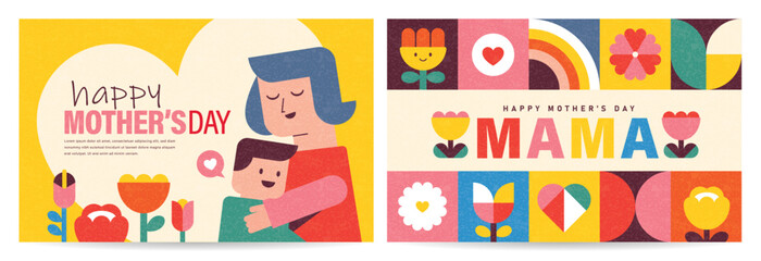 Set of Happy Mother's Day flat vector illustration in geometry style. Mom with child, flowers and abstract geometric shapes. - 762119653