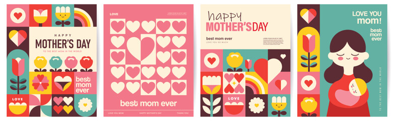 Set of Happy Mother's Day flat vector illustration in geometry style. Mom with child, flowers and abstract geometric shapes. - 762119655