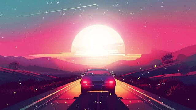 illustration of a car driving.  summer journey . seamless looping overlay 4k virtual video animation background