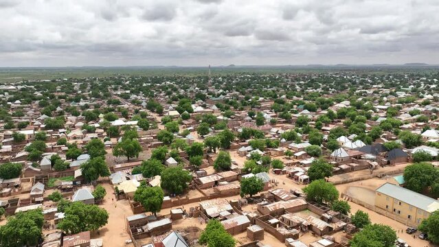 Aerial - Static drone shot of Nigerian town near Nigerien border