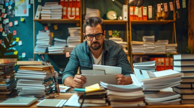 Man working in office,young business man stressed or tired from work overload with lots of files on desk