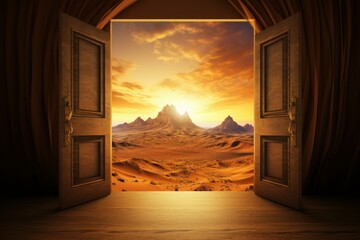 Inviting Open door at hot desert. Sunny future. Generate Ai