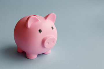 Piggy bank in the form of a pink piglet on a turquoise background. The concept of saving money.