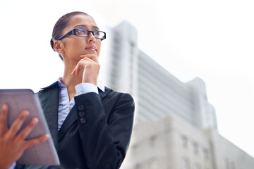 Lawyer, thinking or woman with tablet in city for legal research, online app or social media post....