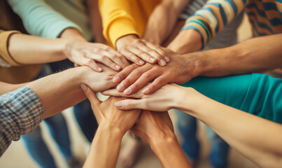 United in Purpose: Overhead View of Multiethnic Hands Together