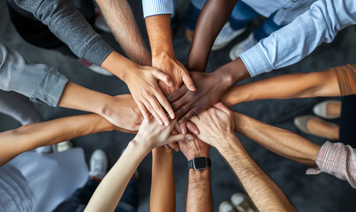 United in Purpose: Overhead View of Multiethnic Hands Together - obrazy, fototapety, plakaty