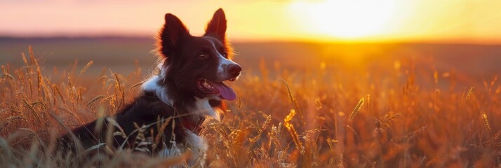Border Collie enthusiastically chilling in a field of tall grass against the backdrop of a stunning sunset created with Generative AI Technology - obrazy, fototapety, plakaty