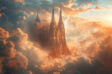 A castle is seen in the clouds with the sun shining on it