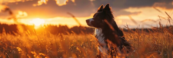 Border Collie enthusiastically chilling in a field of tall grass against the backdrop of a stunning sunset created with Generative AI Technology