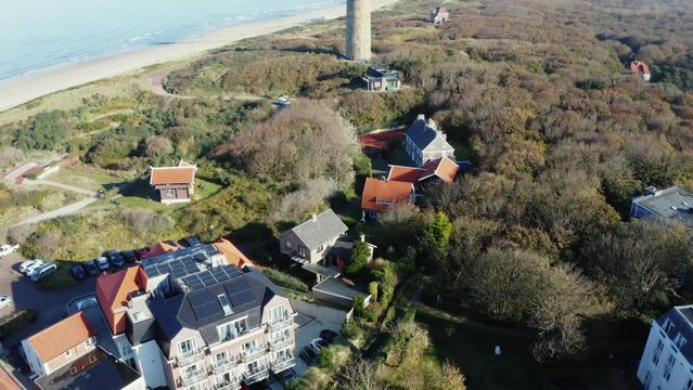 Cinematic aerial shot of a tower in Domburg, zeeland