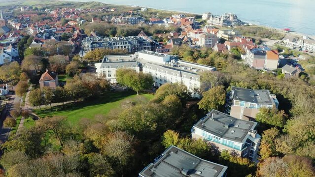 aerial shot of a dutch village called domburg in zeeland, the netherlands