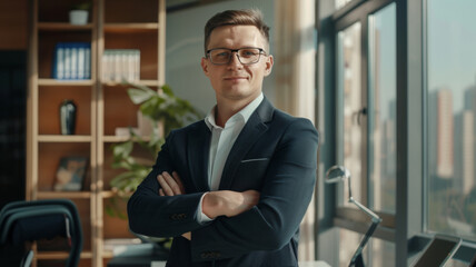 Fototapeta premium Confident businessman in a modern office with arms crossed.