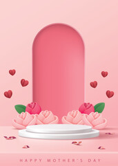 Mother's day poster for product demonstration. White pedestal or podium with flowers on pink background.