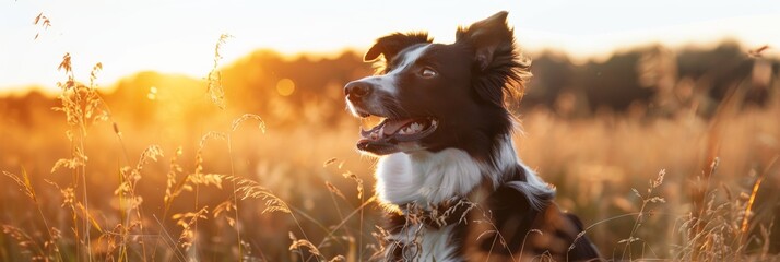 Border Collie enthusiastically chilling in a field of tall grass against the backdrop of a stunning sunset created with Generative AI Technology