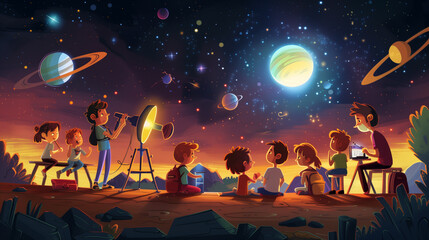 Astronomy Day Celebration: Join the Fun with Friendly Cartoon Astronomers - obrazy, fototapety, plakaty