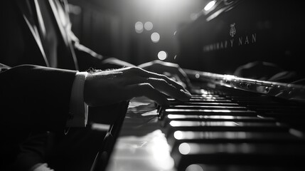 Close-up of musician's hands playing the piano keys - obrazy, fototapety, plakaty