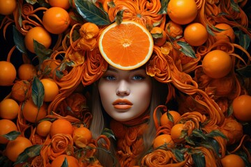 Innovative woman orange trendy fashion. Style studio. Generate Ai