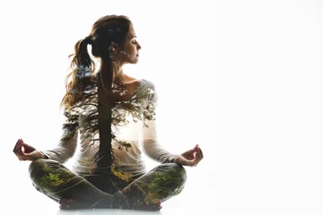Fototapeten A tranquil image melding a yoga pose with an autumnal forest, reflecting stillness and connection with nature © Fxquadro
