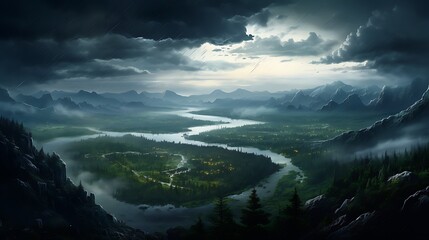 A wide landscape view of the winding river in dark fantasy style, featuring mountains and forests on both sides under a cloudy sky. 