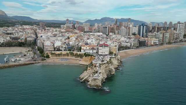 Benidorm City Skyline, Balcon del Mediterraneo and Beaches in Costa Brava, Spain - Aerial 4k Circling