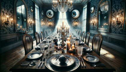 Surreal Banquet Hall with Eyeball staring from the wall and Aristocratic Elegance - obrazy, fototapety, plakaty