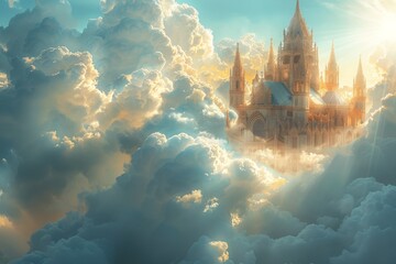 A castle is seen in the clouds with the sun shining on it