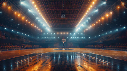 Empty basketball arena, Basketball stadium, sports ground with flashlights - obrazy, fototapety, plakaty