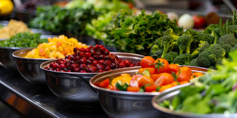 A line of metal bowls filled with colorful vegetables and salad at the entrance to an event hall,catering wedding buffet for events - obrazy, fototapety, plakaty