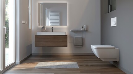 Fototapeta na wymiar Minimalist Bathroom with Wall-Mounted Toilet and Floating Vanity