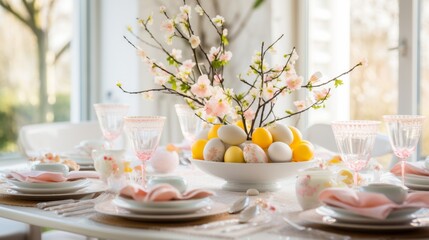 Beautiful dinner table decorated with colorful easter eggs for the holy day of easter. Celebration of the Christian holiday easter. Diner table on a religious day. Decorated luxury eggshells. - 762122870