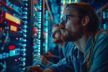Obraz premium People using advanced technology to streamline operations and optimize data management. Concept Advanced Technology, Streamlining Operations, Data Management, Optimize Processes, Efficiency Solutions