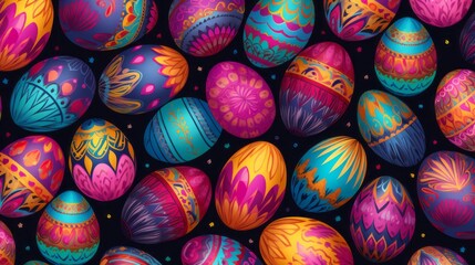 Beautiful seamless pattern of decorated easter eggs. Christian holiday, Easter concept. Colorfully decorated eggshells. A pattern of colorful eggs on a dark background. Wrapping concept. - 762122884