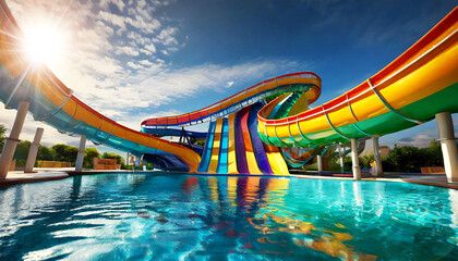 Bottom view of a water park with multicolored slides in a swimming pool with a clear sky and clouds...