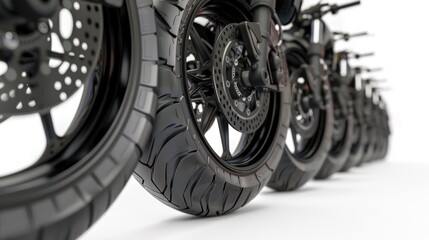 Side view of the front tires of 5 jockey motorcycles in a row.