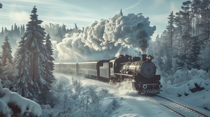 A vintage steam train puffing billowy white smoke travels through a snowy landscape with frosty pine trees and a clear sky.