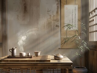 A traditional Asian tea setting with sunlight filtering through a window, casting soft shadows over a wooden table and tea utensils.