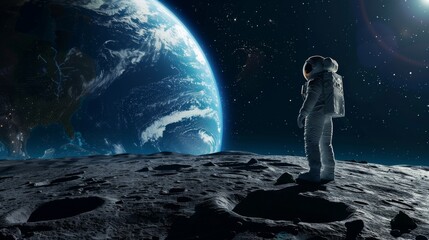 An astronaut stands on the lunar surface, gazing at the Earth rising over the moon's horizon amidst a star-filled space.