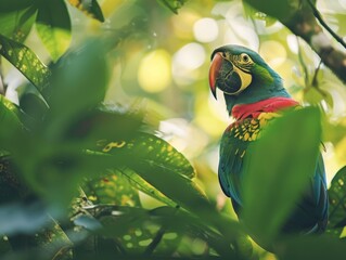 Close-up of a colorful parrot perched in a lush green environment, partially obscured by leaves.