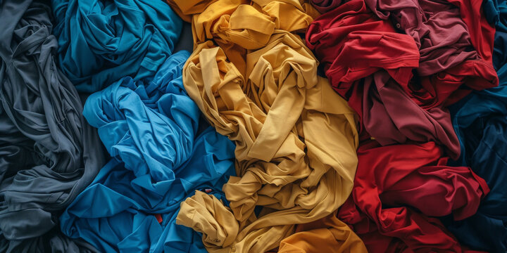 A pile of colorful t-shirts and shirts are thrown on the floor in different colors, including blue, red, yellow and dark blue. concept of recycling, 