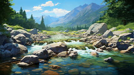 Clear mountain river among beautiful picturesque mountains - obrazy, fototapety, plakaty