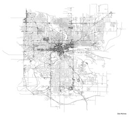 Fototapeta na wymiar Des Moines city map with roads and streets, United States. Vector outline illustration.