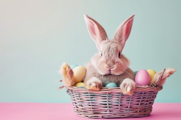 easter eggs decorated in a basket on a pink background, wallpaper pattern, pastel light colors